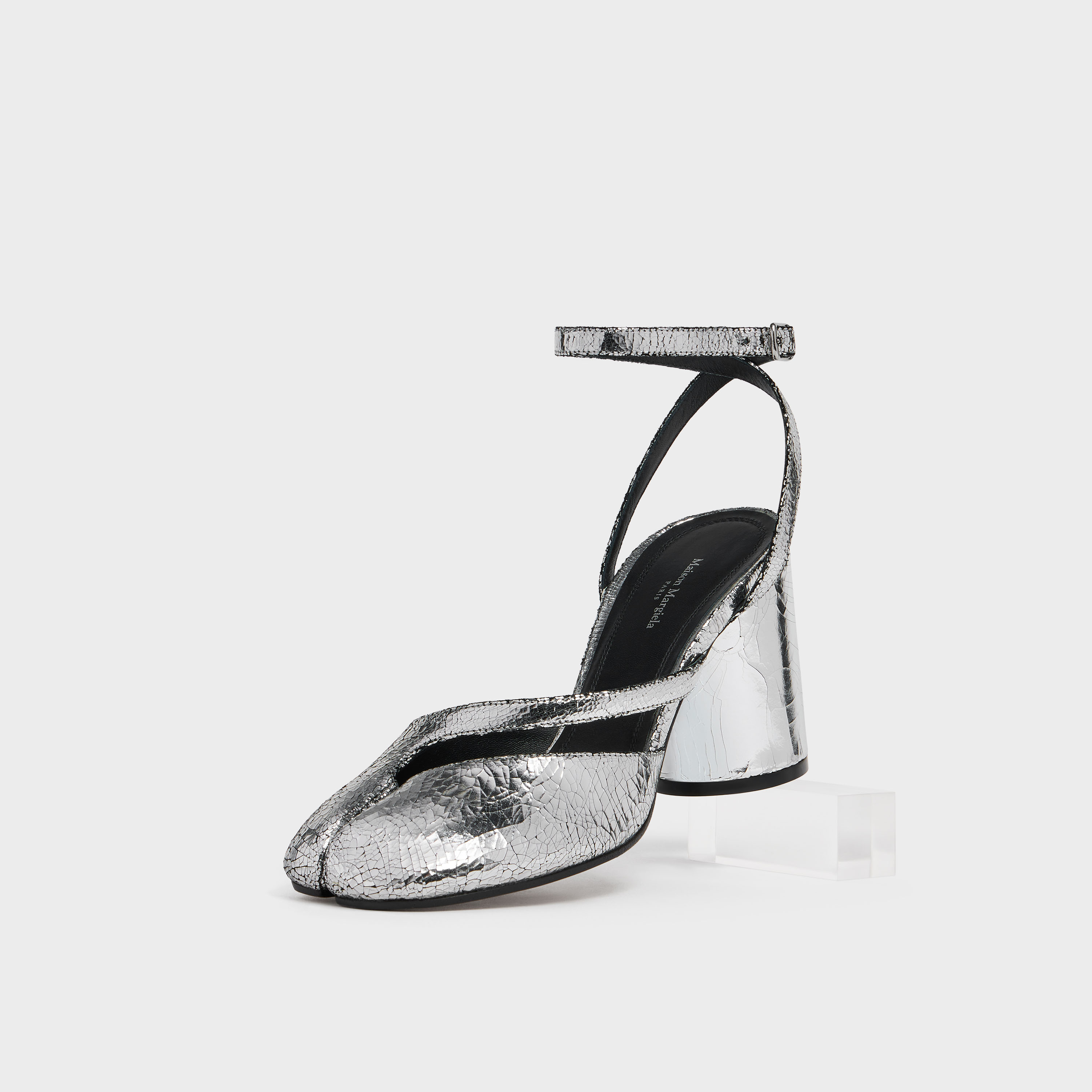 Maison Margiela Tabi Broken Mirror Pump Sandal With Adjustable Ankle Strap In Silver